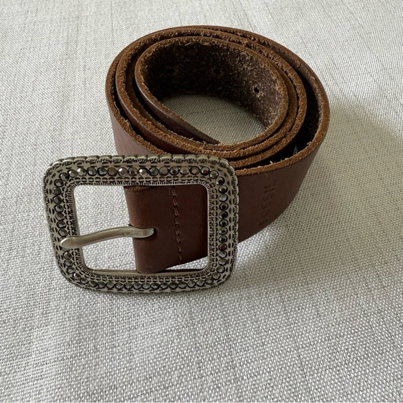 Fossil Beaded Classic Leather Brown Women’s Belt Rhinestone Buckle Size M - Picture 10 of 10
